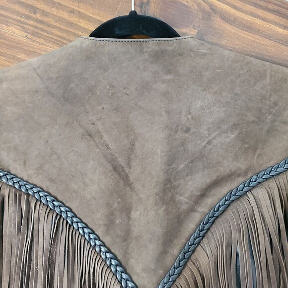Antelope Creek Black Leather Brown Suede Fringe Western Biker Vest XL Conchos - Picture 7 of 10